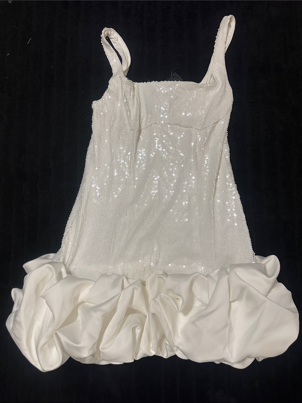 Fashion Nova White Sequin Midi Dress with Ruffled Hem